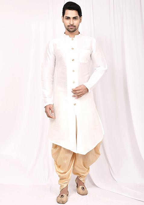 White Embroidered Silk Kurta Set For Men