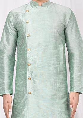 Pista Green Embroidered Silk Kurta Set For Men
