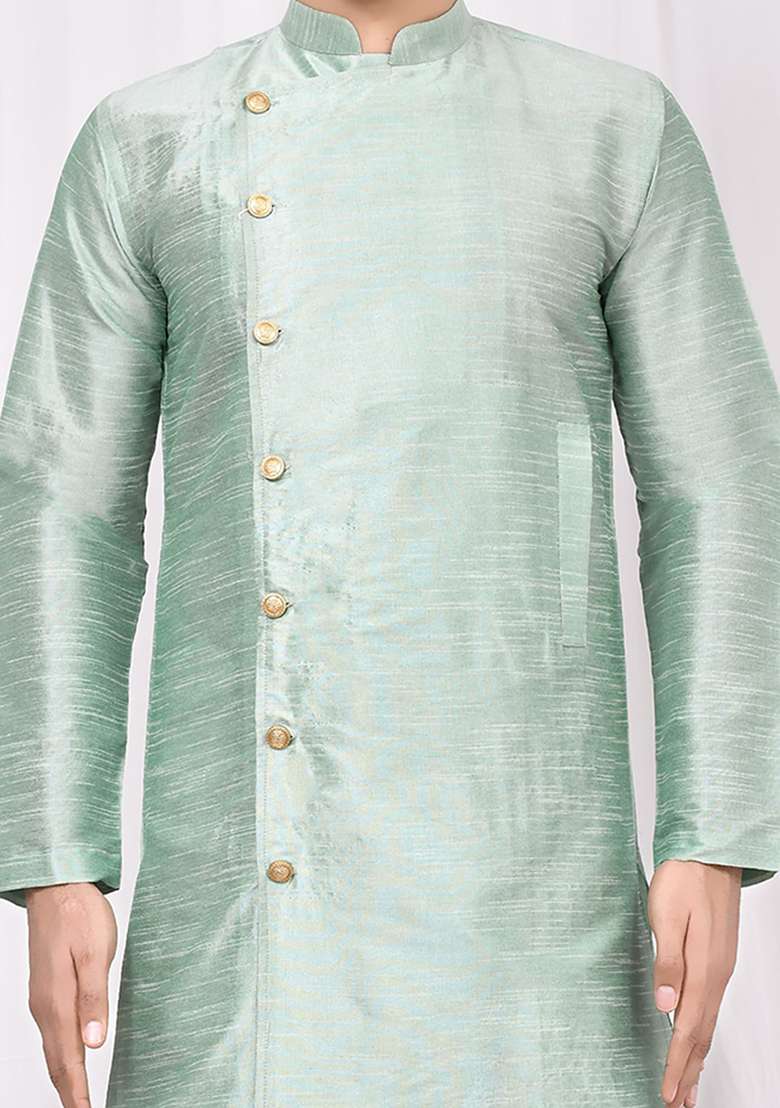Pista Green Embroidered Silk Blend Kurta Set For Men - Indya