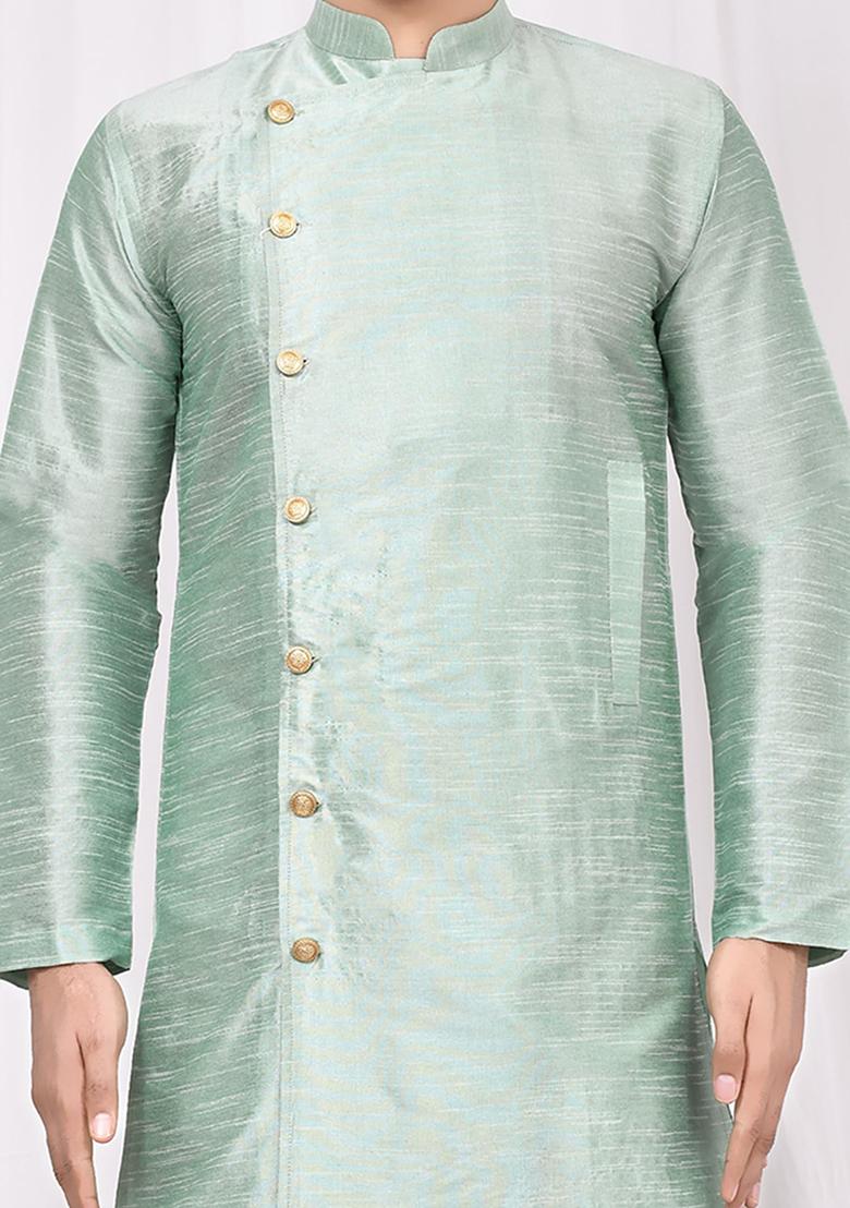 Pista Green Embroidered Silk Kurta Set For Men