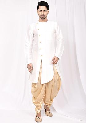 White Embroidered Silk Kurta Set For Men