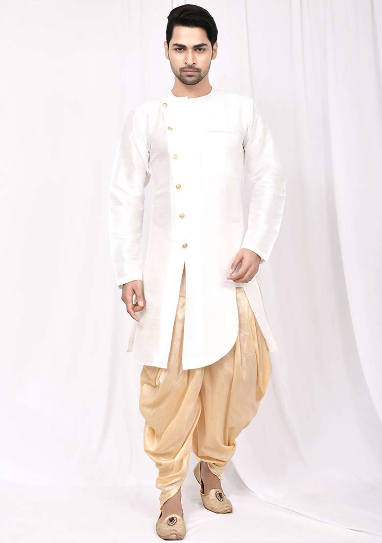 White Embroidered Silk Blend Kurta Set For Men - Indya