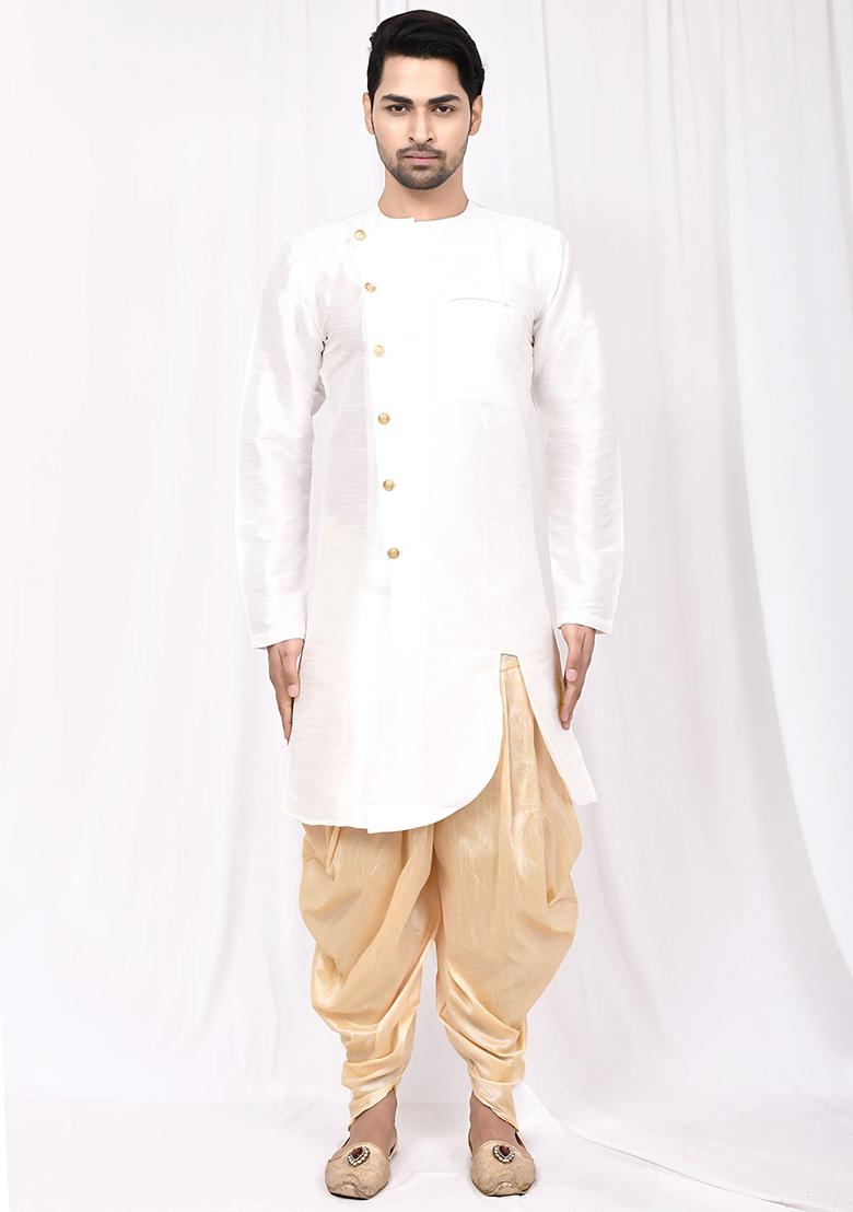 White Embroidered Silk Kurta Set For Men