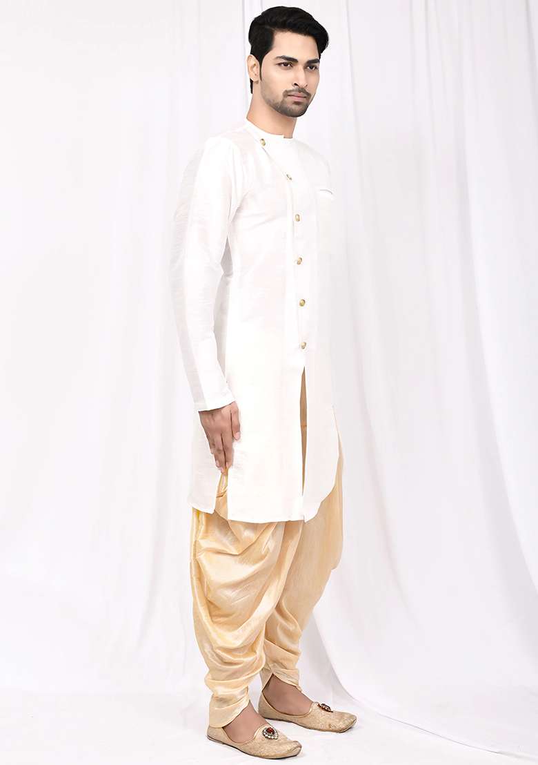 White Embroidered Silk Blend Kurta Set For Men - Indya