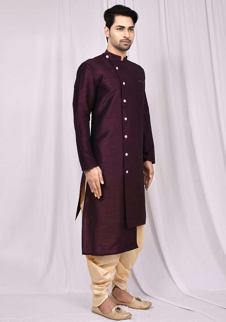 Purple Embroidered Silk Blend Kurta Set For Men - Indya