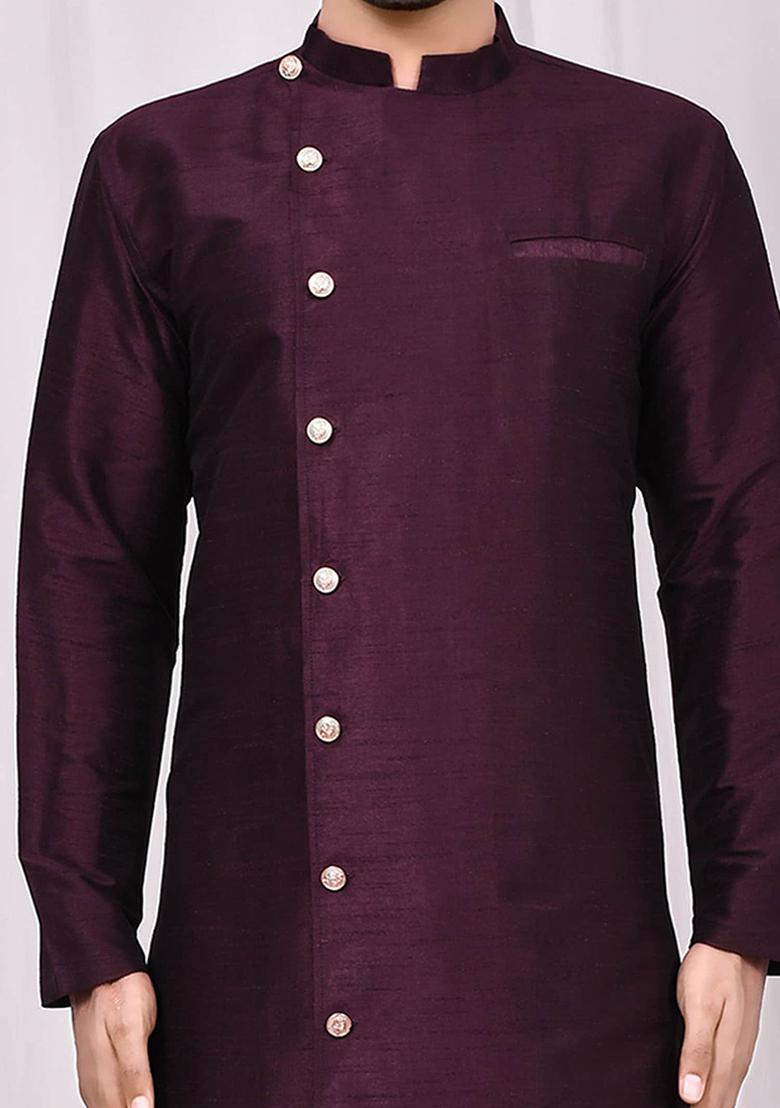 Purple Embroidered Silk Kurta Set For Men