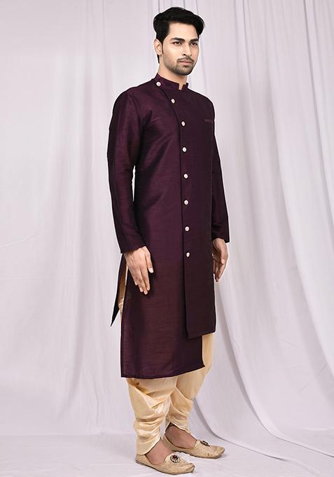 Purple Embroidered Silk Kurta Set For Men
