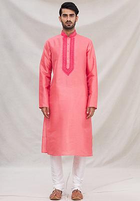Pink Solid Silk Kurta Set For Men