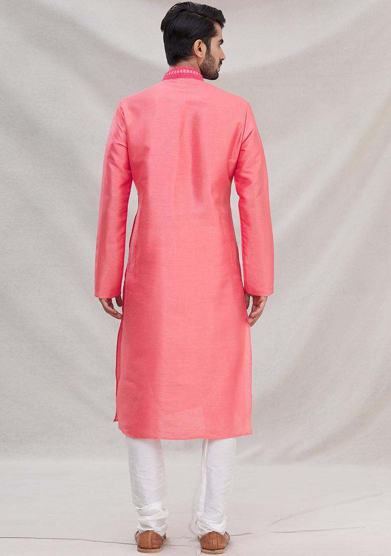 Pink Solid Silk Kurta Set For Men
