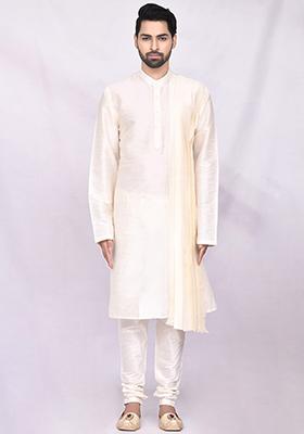 Lime Green Solid Silk Kurta Set For Men