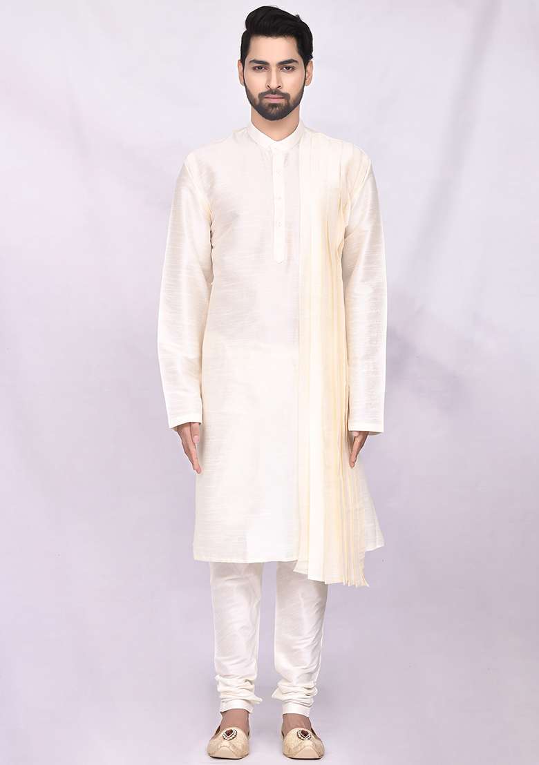Lime Green Solid Silk Blend Kurta Set For Men - Indya