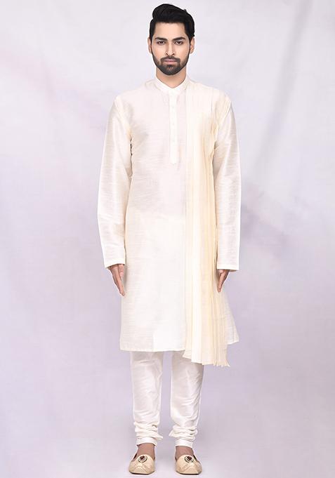 Lime Green Solid Silk Kurta Set For Men