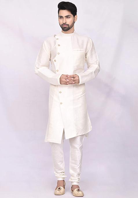 Lime Green Embroidered Silk Kurta Set For Men