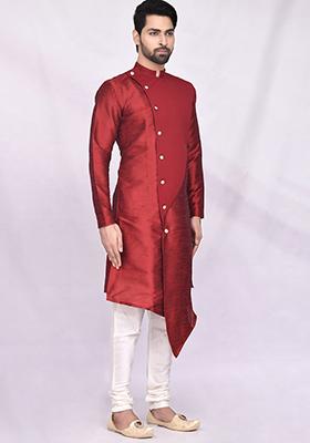 Maroon Embroidered Silk Kurta Set For Men