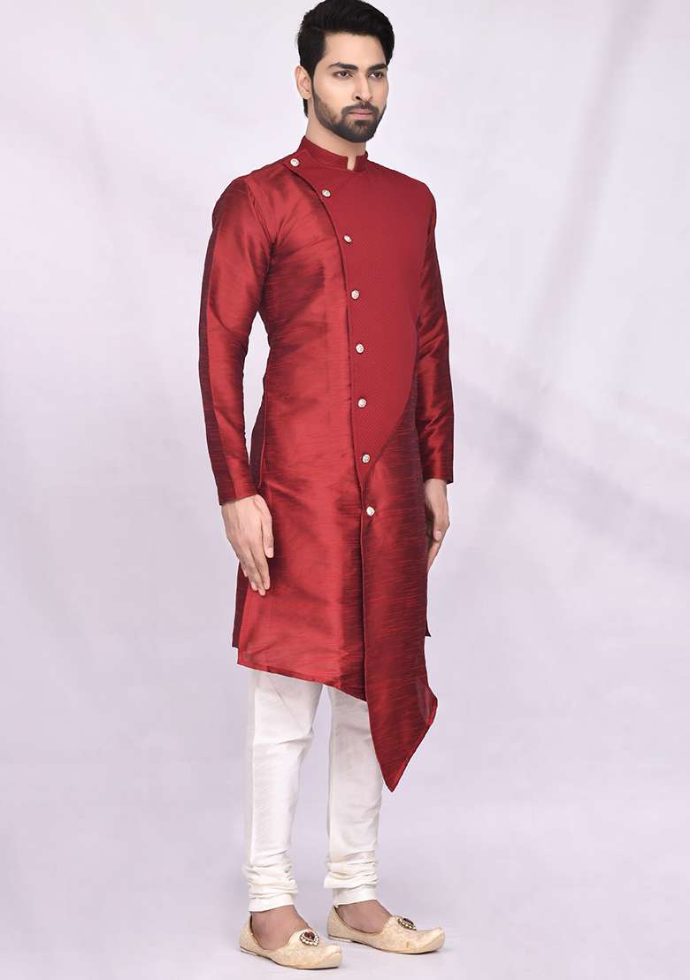 Maroon Embroidered Silk Blend Kurta Set For Men - Indya