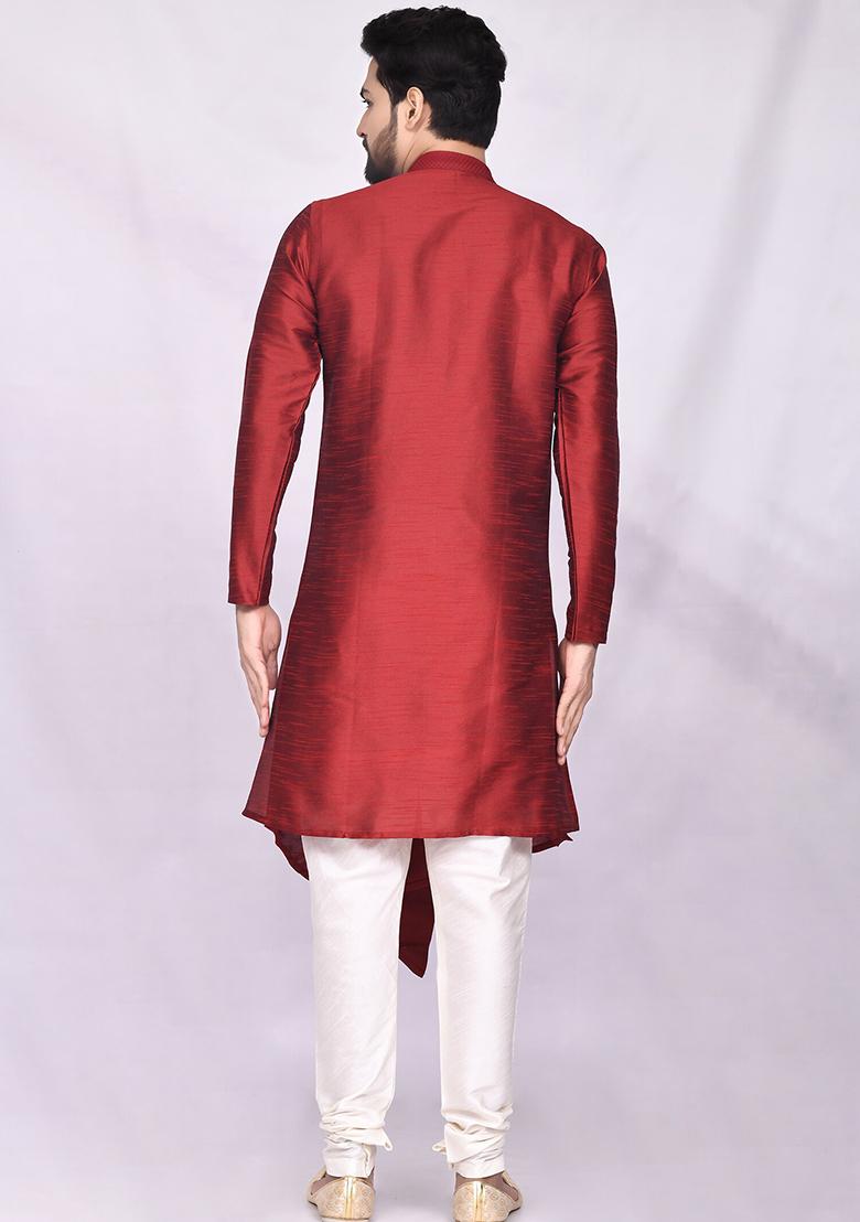 Maroon Embroidered Silk Kurta Set For Men