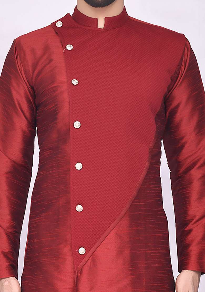Maroon Embroidered Silk Blend Kurta Set For Men - Indya