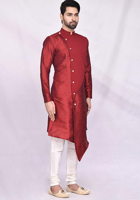 Maroon Embroidered Silk Kurta Set For Men