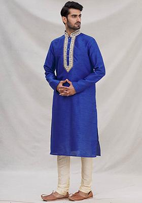 Blue Solid Silk Kurta Set For Men