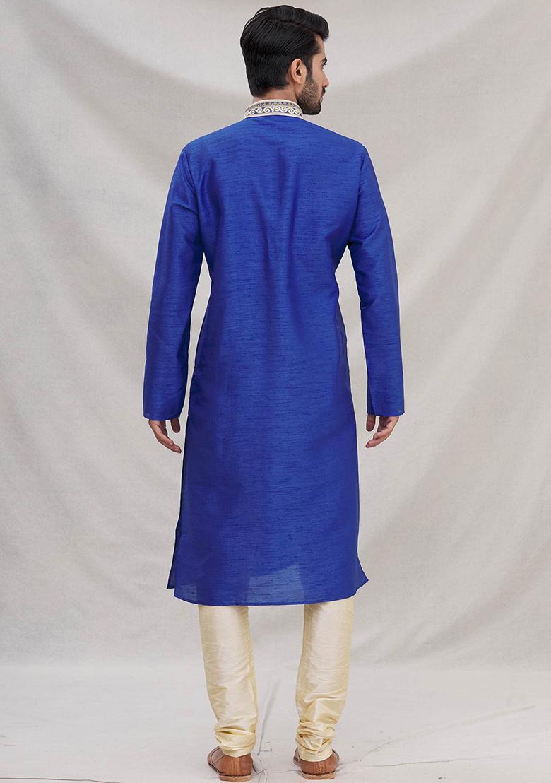 Blue Solid Silk Kurta Set For Men