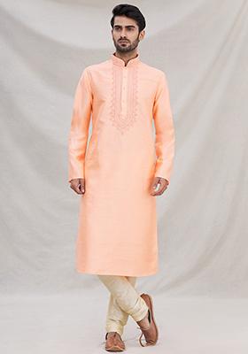 Peach Solid Silk Kurta Set For Men