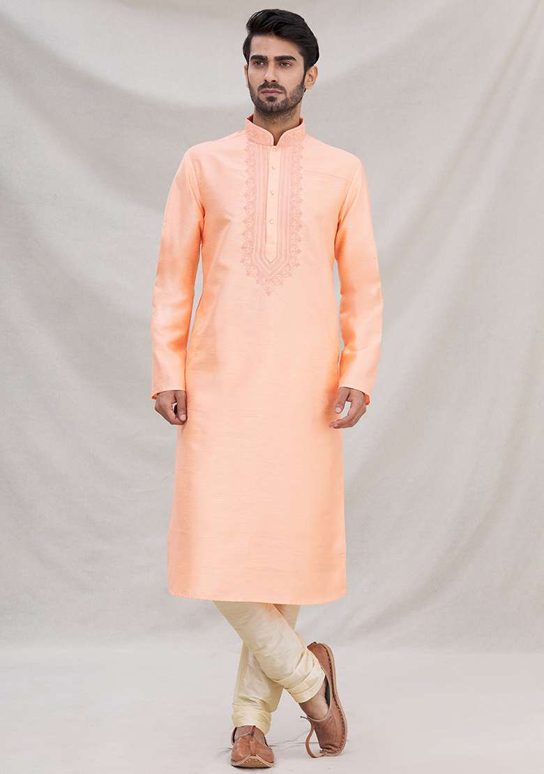 Peach Solid Silk Blend Kurta Set For Men - Indya