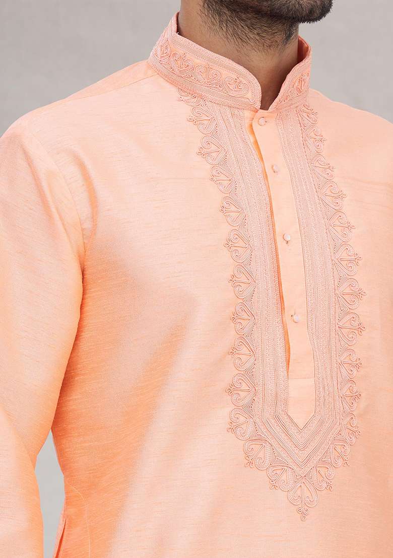 Peach Solid Silk Blend Kurta Set For Men - Indya
