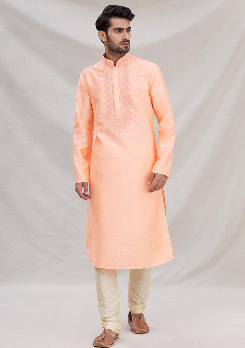 Peach Solid Silk Kurta Set For Men