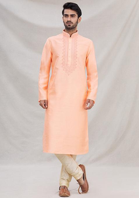 Peach Solid Silk Kurta Set For Men