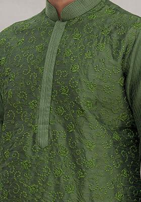 Green Embroidered Silk Kurta Set For Men