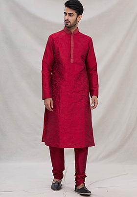 Maroon Embroidered Silk Kurta Set For Men