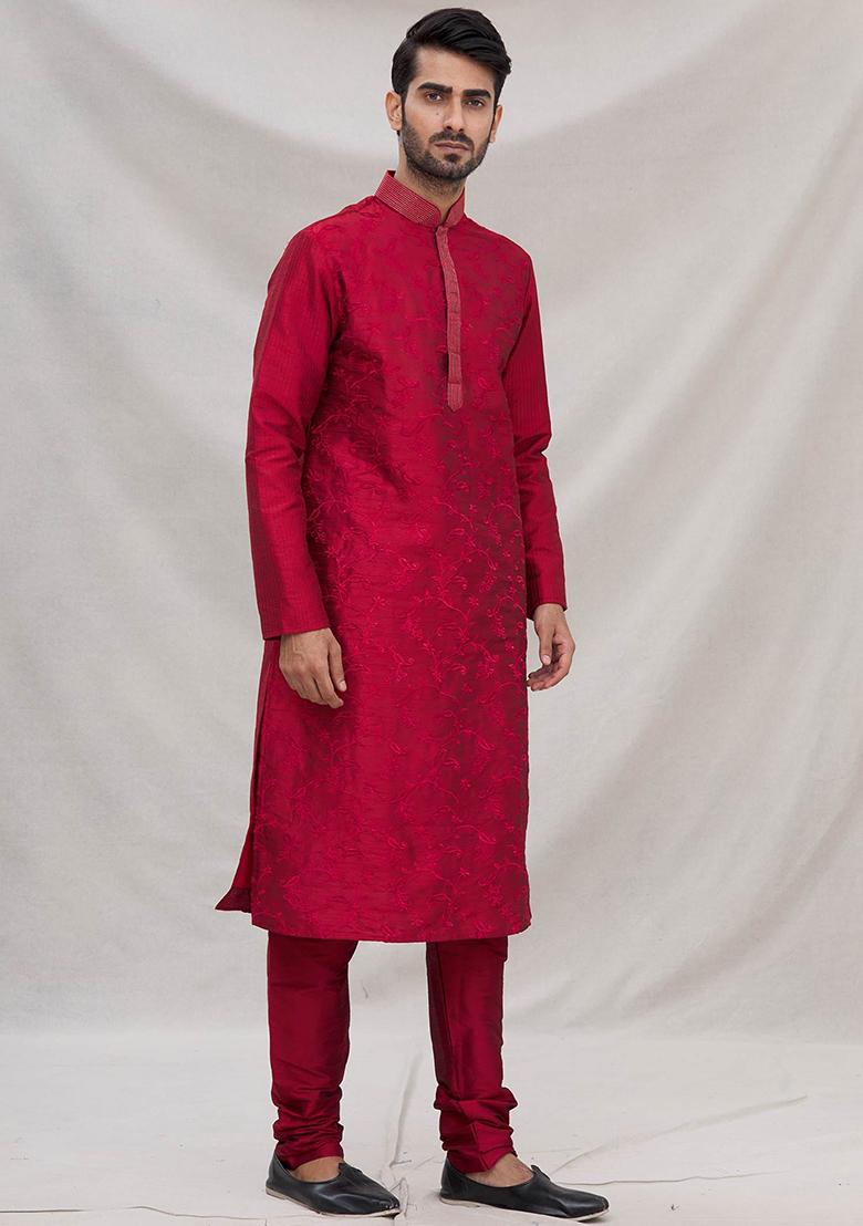Maroon Embroidered Silk Kurta Set For Men