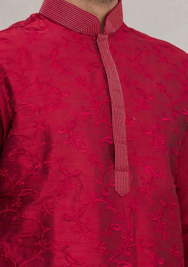 Maroon Embroidered Silk Kurta Set For Men