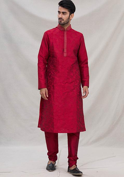 Maroon Embroidered Silk Kurta Set For Men