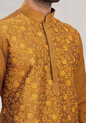 Mustard Yellow Embroidered Silk Kurta Set For Men