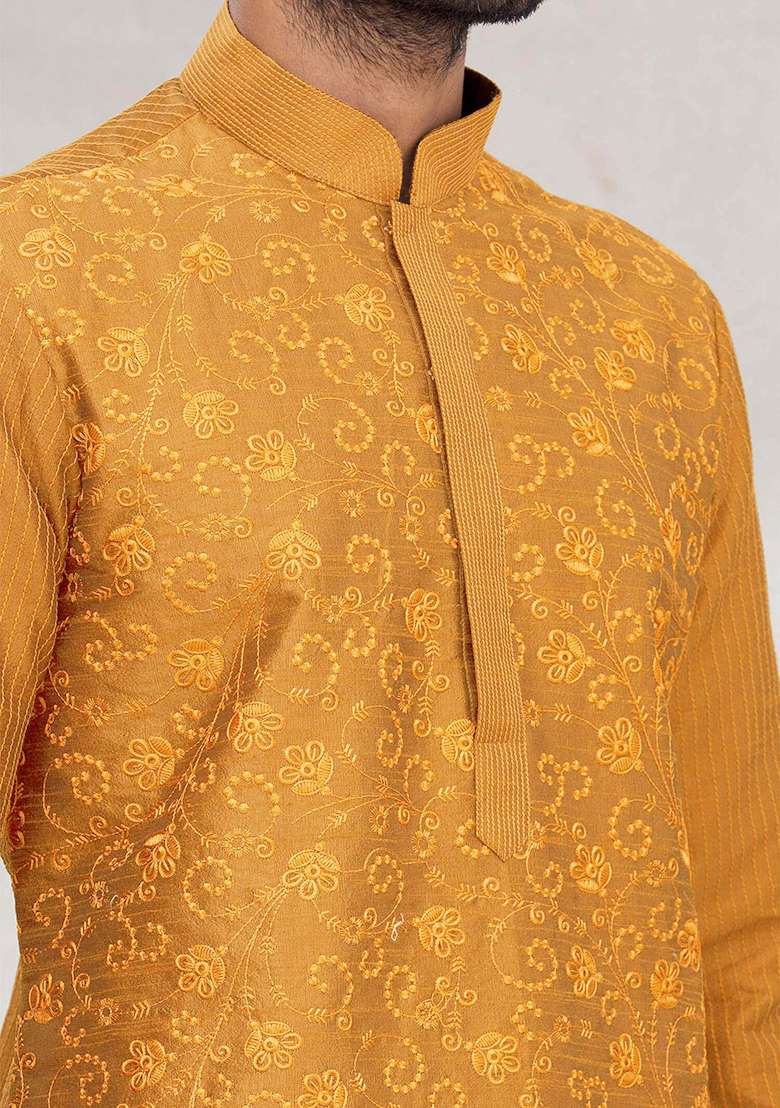 Mustard Yellow Embroidered Silk Blend Kurta Set For Men - Indya