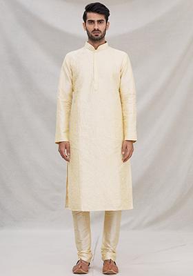 Fawn Yellow Embroidered Silk Kurta Set For Men