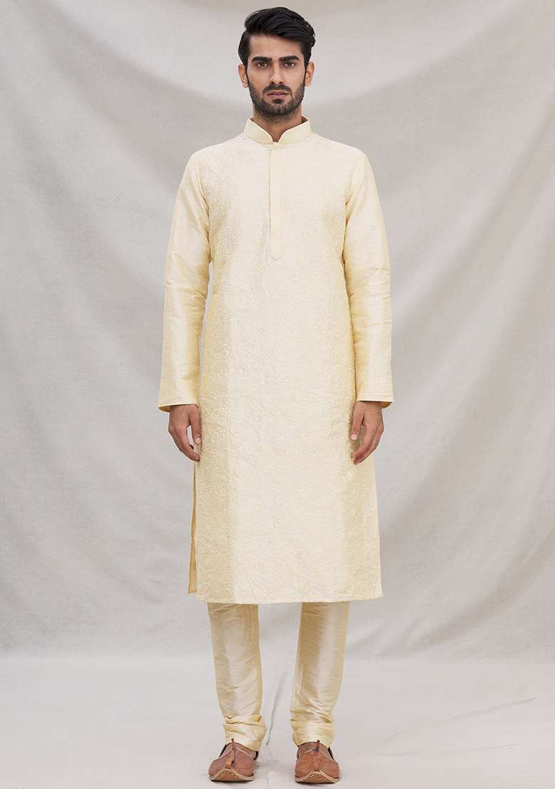 Fawn Yellow Embroidered Silk Blend Kurta Set For Men - Indya