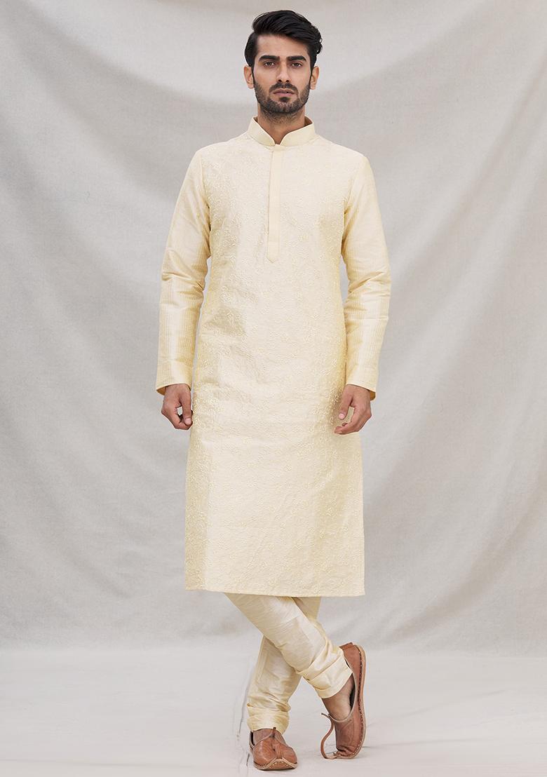Fawn Yellow Embroidered Silk Kurta Set For Men