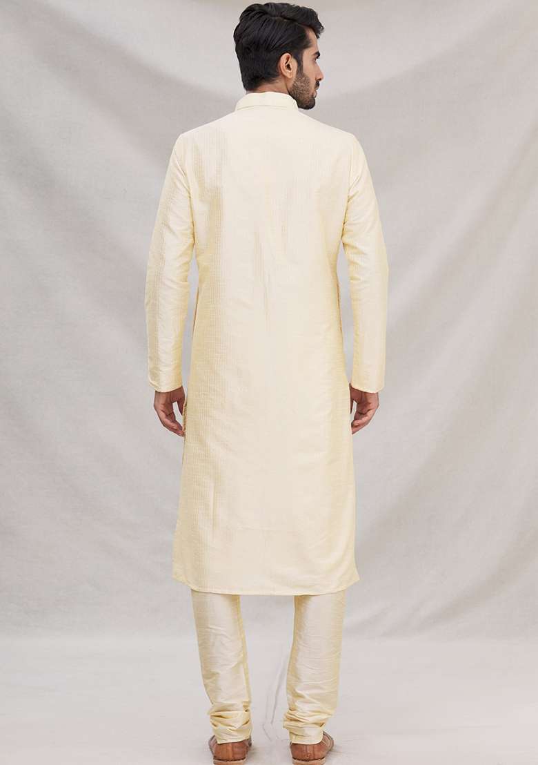Fawn Yellow Embroidered Silk Blend Kurta Set For Men - Indya