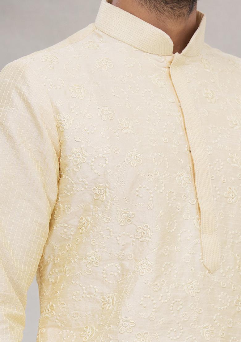 Fawn Yellow Embroidered Silk Kurta Set For Men