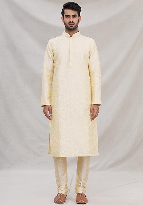 Fawn Yellow Embroidered Silk Kurta Set For Men