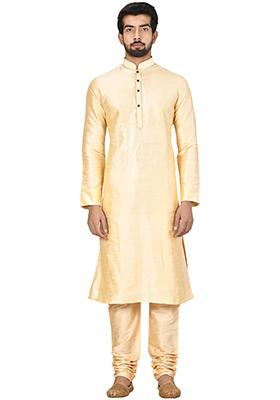 Cream Solid Silk Kurta Set For Men