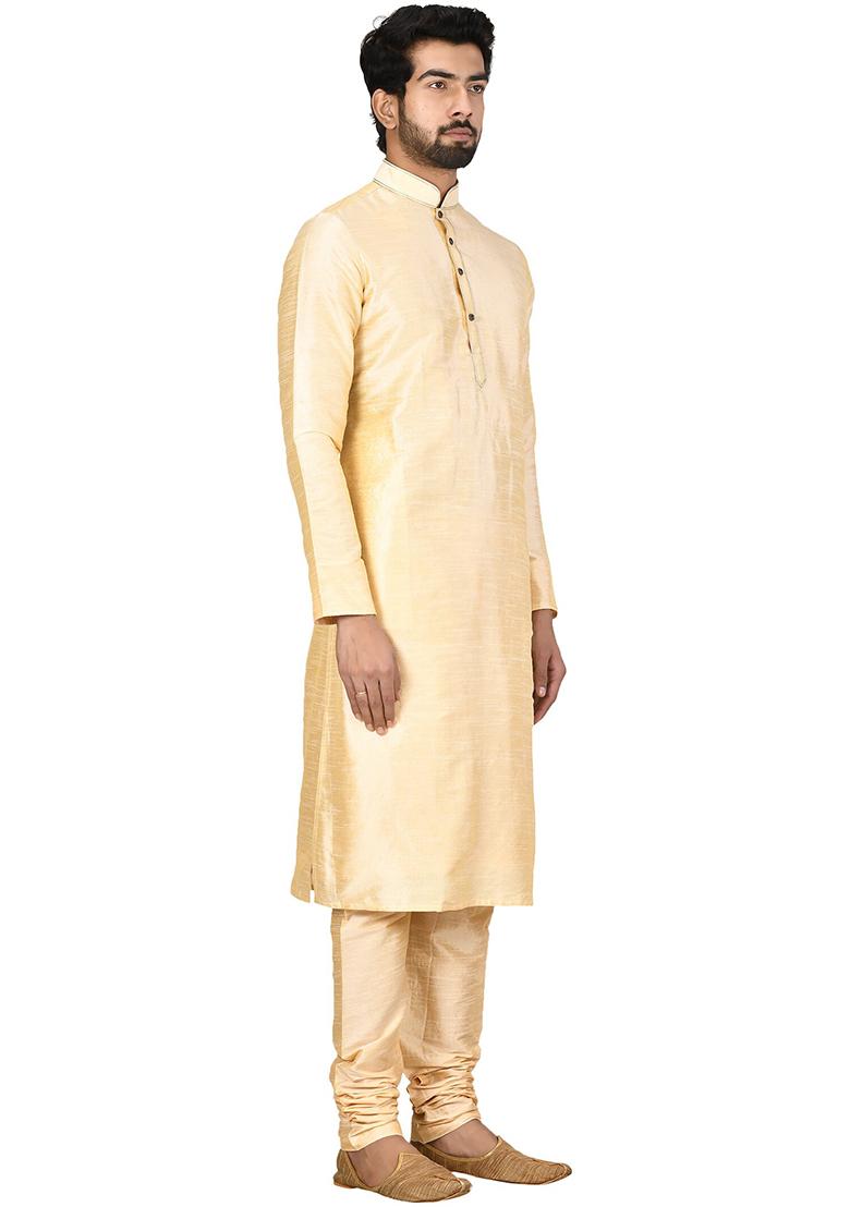 Cream Solid Silk Kurta Set For Men