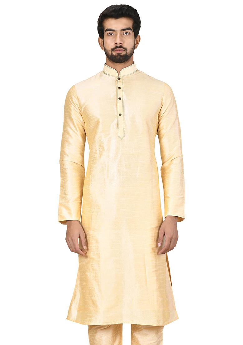 Cream Solid Silk Kurta Set For Men