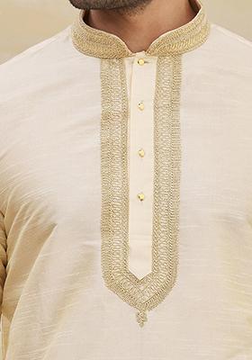 Fawn Yellow Solid Silk Kurta Set For Men