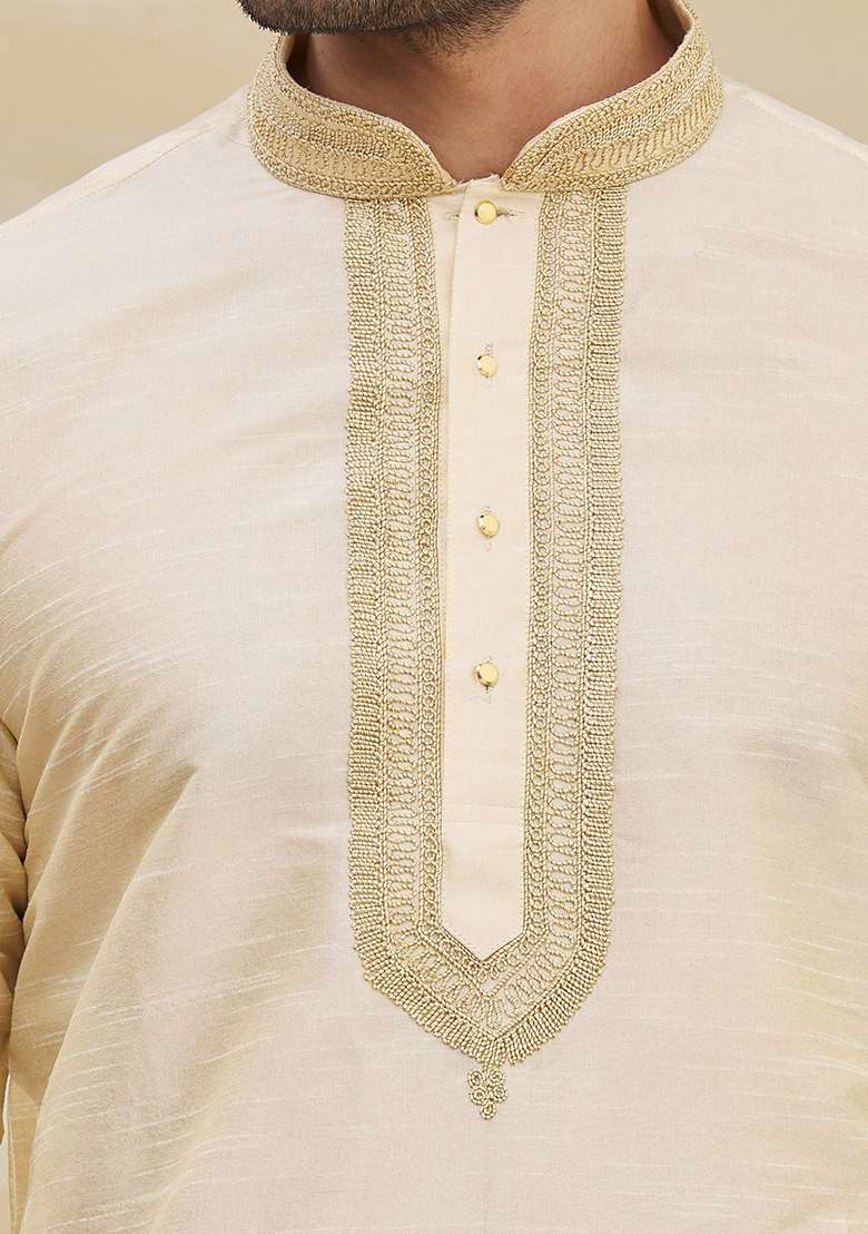 Fawn Yellow Solid Silk Blend Kurta Set For Men - Indya