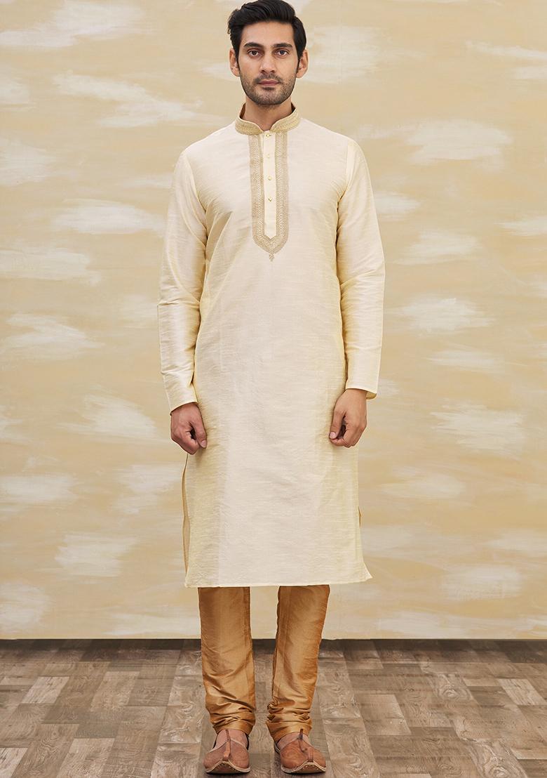 Fawn Yellow Solid Silk Kurta Set For Men