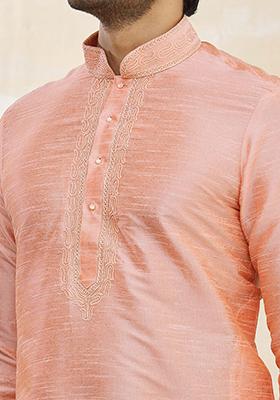 Pink Solid Silk Kurta Set For Men