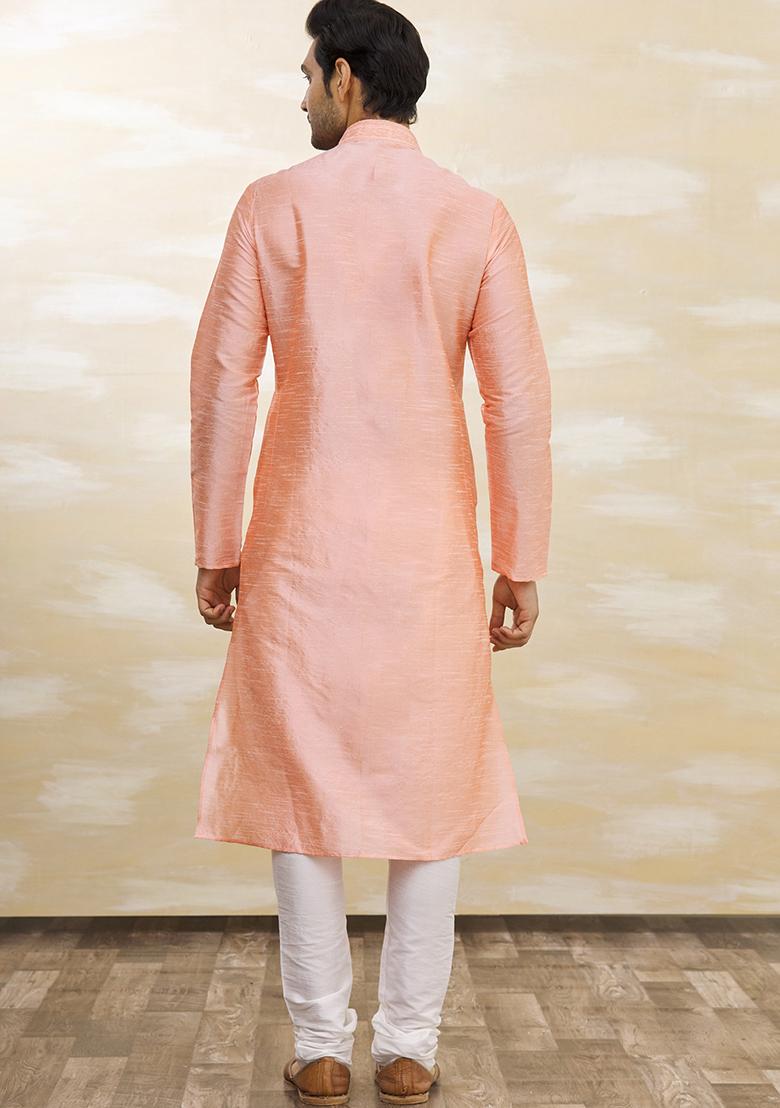 Pink Solid Silk Kurta Set For Men